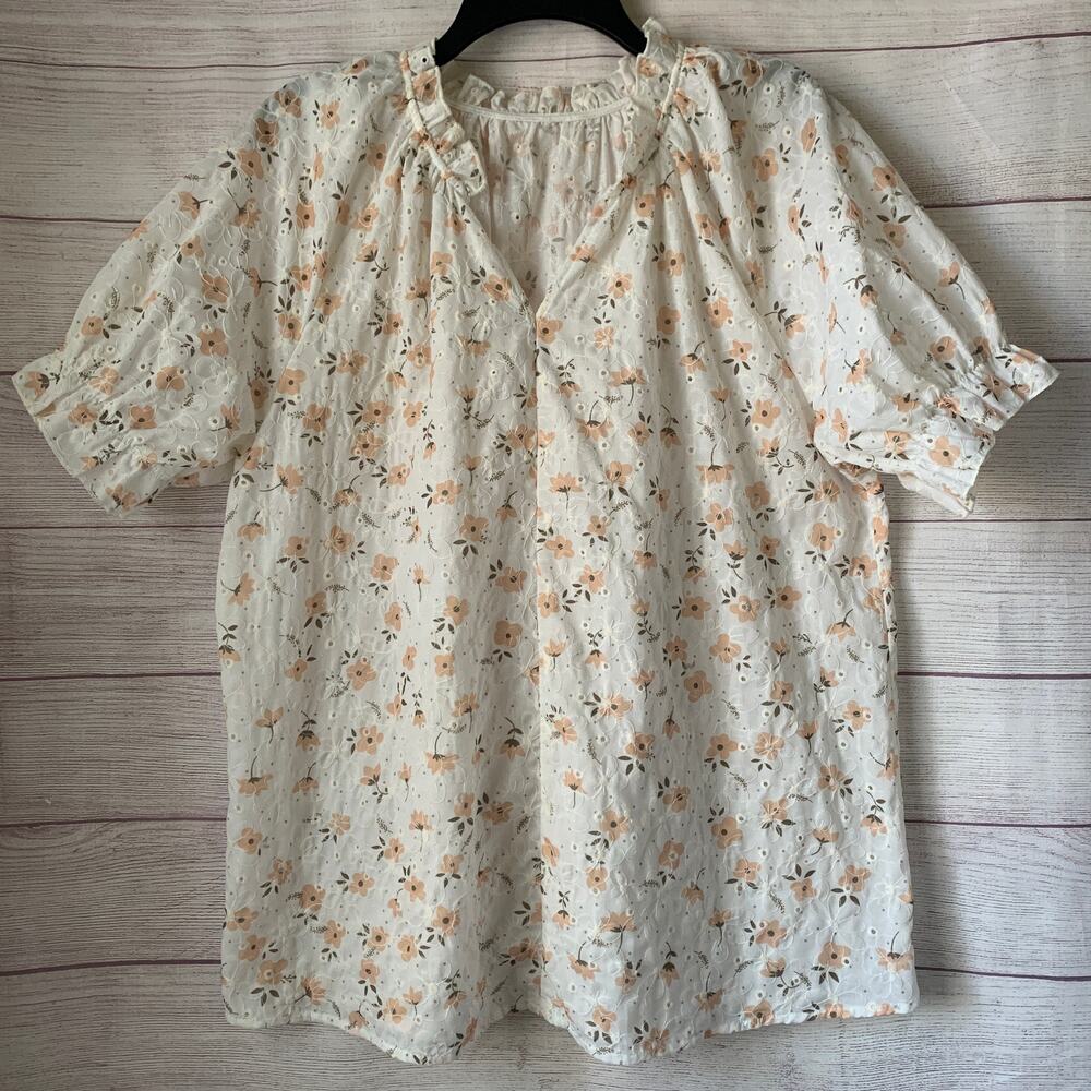 White and Peach Floral Eyelet Embroidered Blouse Short Puff Sleeve Boho Size XL